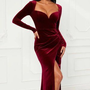 Elegant Burgundy Velvet Gown with Slit